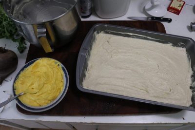 Cake batter in tray next to frosting